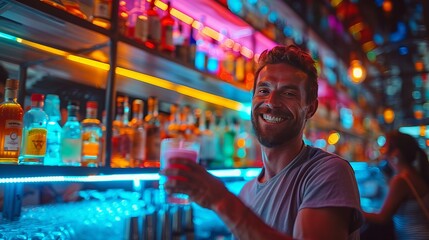 A man is smiling behind a drinkware of alcoholic beverage at a city bar - obrazy, fototapety, plakaty