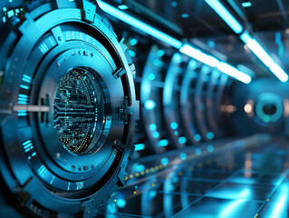 Sleek armored digital vault in a 3D cyberspace showcasing cuttingedge cybersecurity measures