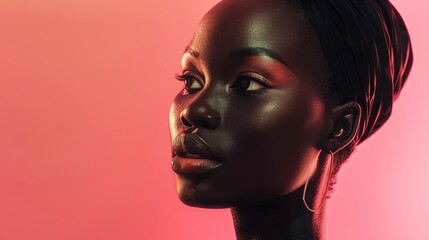 A close-up portrait of an African woman against a vibrant pink background, her skin glowing with a subtle sheen, exuding tranquility and confidence