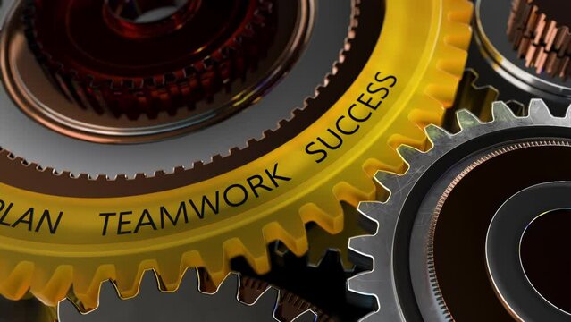 Vision idea plan teamwork success.Gears working in the machinery. Cog weel metallic gears in a machine rotating.Metalic glowing shining. 
