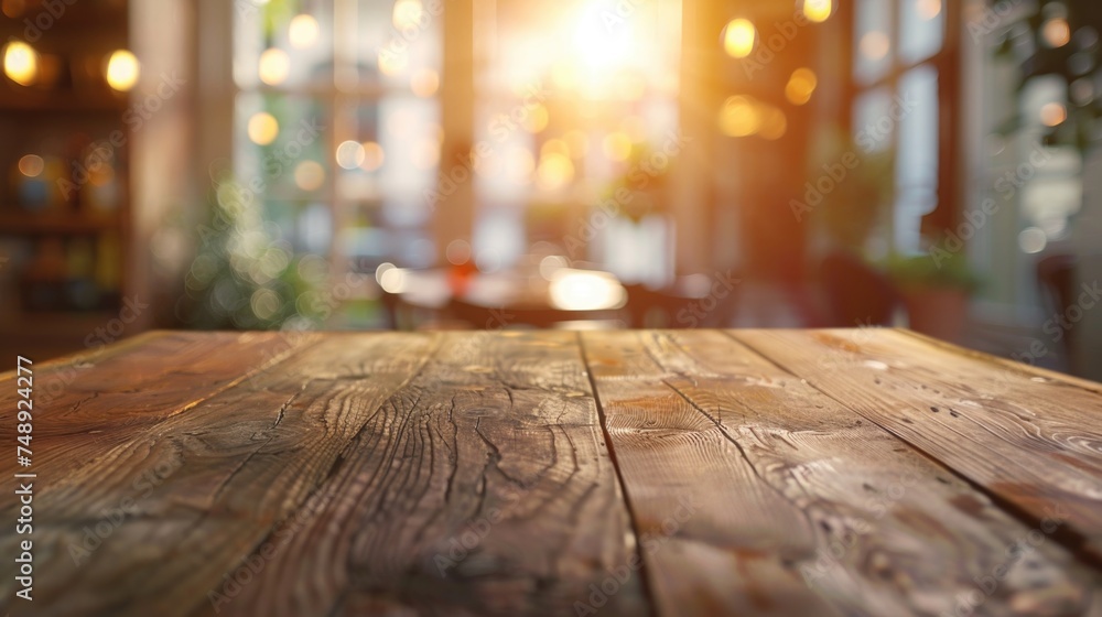 Poster A simple wooden table with a blurred background. Ideal for adding text or graphics