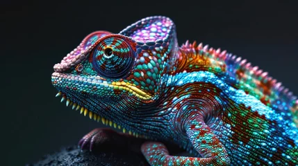 Foto op Plexiglas A vibrant chameleon perched on a rock. Ideal for nature and wildlife concepts © Fotograf