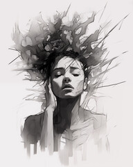 Fototapeta premium mental health prevention sketch drawing - identity crisis, mood swing, sardanes and sorrow, boredom - androgyne confusion illustration