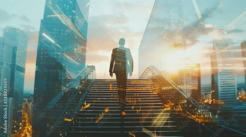 Poster a man in a suit walking up a flight of stairs. suitable for business and success concepts