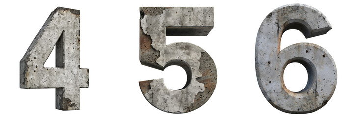 Numbers 4 5 6 Made of Concrete Isolated on Transparent or White Background, PNG