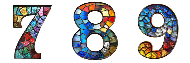 Fototapeta premium Stained Glass Numbers 7 8 9 Isolated on Transparent or White Background, PNG