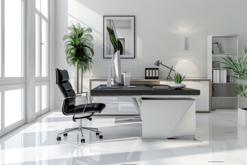 A modern office setup with a desk, chair, and potted plant. Ideal for business concepts