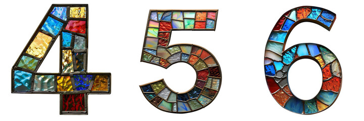 Numbers 4 5 6 Stained Glass Isolated on Transparent or White Background, PNG
