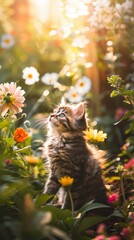 Kitten Amongst Sunlit Flowers