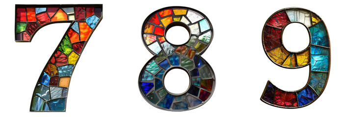 Stained Glass Numbers 7 8 9 Isolated on Transparent or White Background, PNG