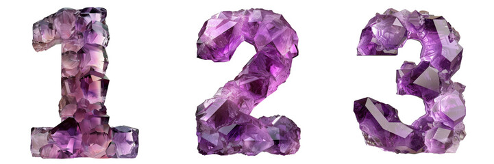 Amethyst Numbers 1 2 3 Isolated on Transparent or White Background, PNG