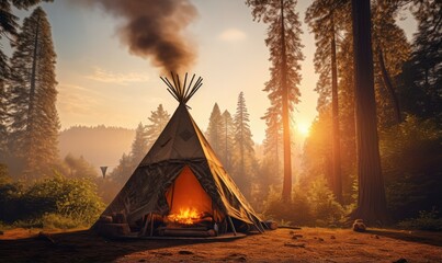 Perfect calm place in nauture for teepee place, perfect colorful light. Generative Ai.