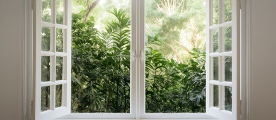 Through an open wooden window, a view of vibrant greenery of a jungle can be seen. Dense foliage, tall trees, and various plants fill the landscape, creating a rich and diverse ecosystem.