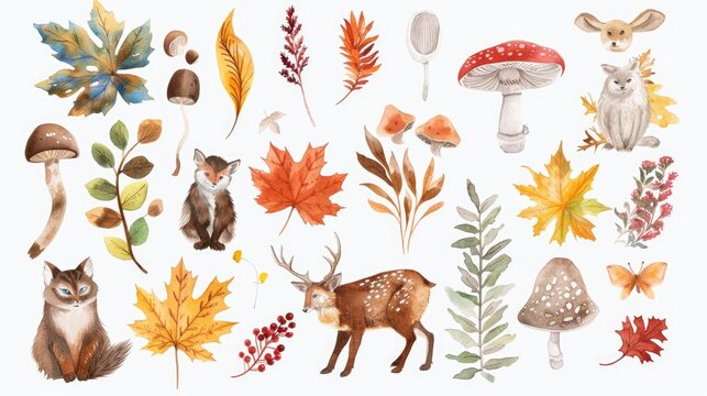 Vibrant watercolor painting of fall leaves and cute animals. Perfect for autumn designs