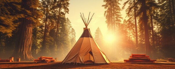 Perfect calm place in nauture for teepee place, perfect colorful light, banner. Generative Ai.