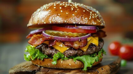 Mouth-watering hamburger with crispy bacon, fresh lettuce, juicy tomato, and melted cheese. Perfect...