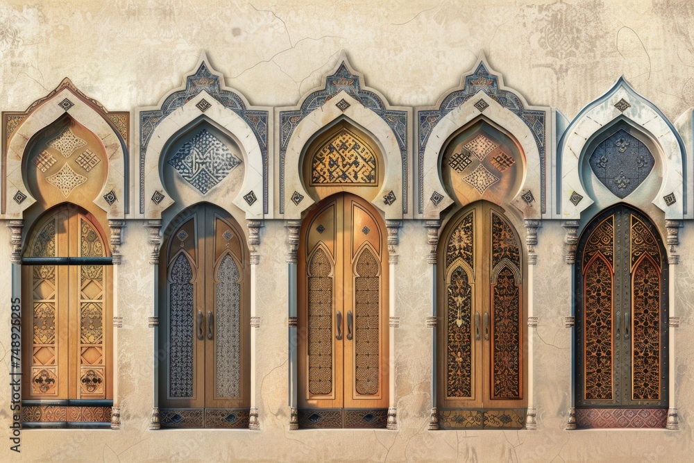 Poster a row of arched doors in a building, perfect for architectural design projects