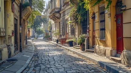Obraz premium A picturesque cobblestone street in a European city. Ideal for travel publications