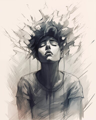 Fototapeta premium mental health prevention sketch drawing - identity crisis, mood swing, sardanes and sorrow, boredom - androgyne confusion illustration