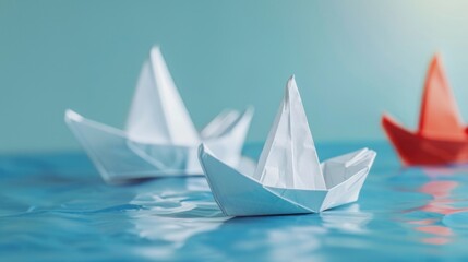 Paper boats floating on calm water, suitable for summer themes or childhood memories - obrazy, fototapety, plakaty