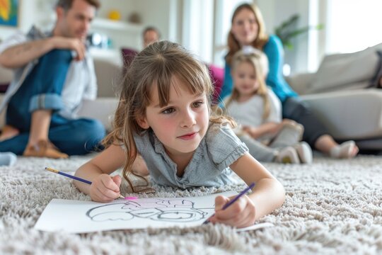 Young girl laying on floor drawing a picture, suitable for educational and creative projects
