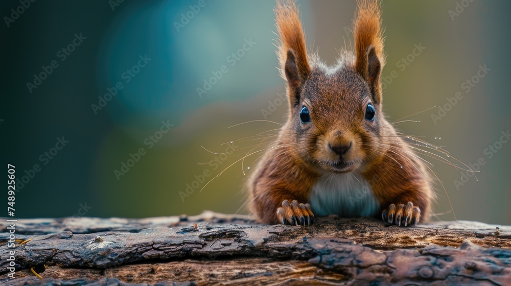 Poster a close up of a squirrel on a log. suitable for nature and wildlife themes