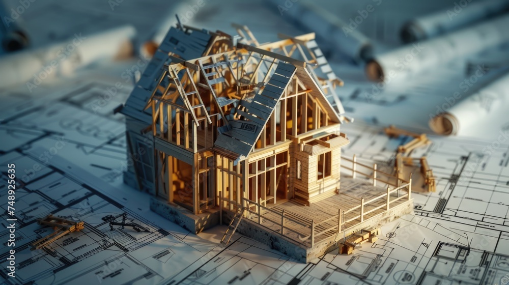 Aufkleber a model of a house placed on top of blueprints. ideal for architectural and construction concepts