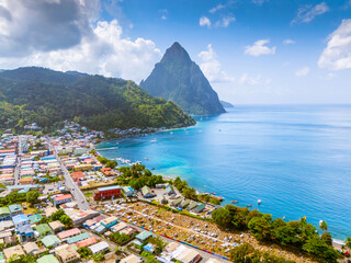 Piton Mountain Aerial Views.Soufriere Bay and Beach...Soufriere, Saint Lucia, .West Indies, Eastern...