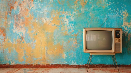 Old television set against a blue wall, perfect for retro design projects