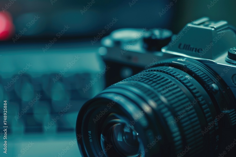 Poster close up of a camera with a laptop in the background. ideal for technology or photography concepts