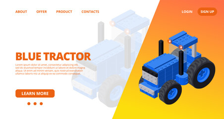 Web template with a blue tractor. Vector