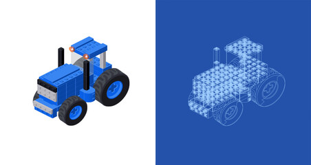 Blue tractor project for print and decoration. Vector clipart.