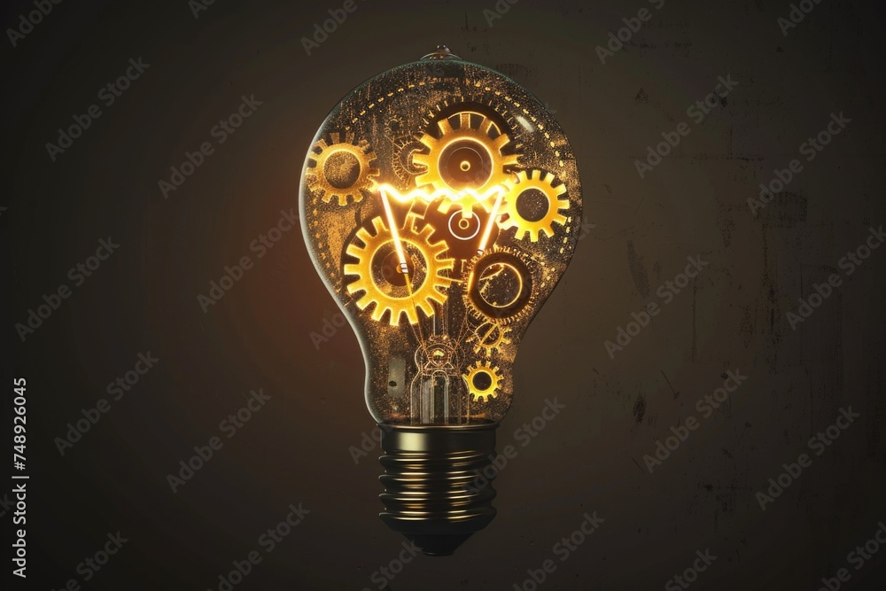 Poster light bulb with gears inside, ideal for concepts of innovation and creativity