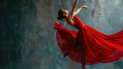 A woman in a red dress dancing gracefully, suitable for dance studio promotions