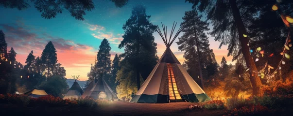 Foto op Canvas Teepee tent in the middle of calm nature with lot of high trees in the night, banner. Generative Ai. © annamaria