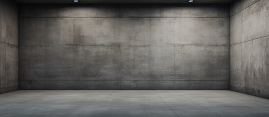 A room with dark concrete walls and floor, devoid of any furniture or decorations. The empty space exudes an industrial and minimalist aesthetic.