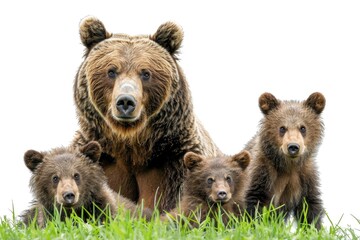 A family of brown bears standing in the grass, suitable for wildlife concepts