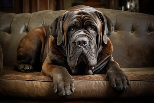 Mastino Neapolitano is relaxing on the couch at home. a giant breed of dog.