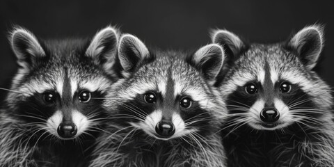 Three raccoons looking at the camera, suitable for wildlife projects - Powered by Adobe