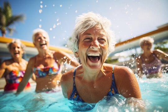 A group of older women are laughing and splashing in a pool. Scene is joyful and lighthearted