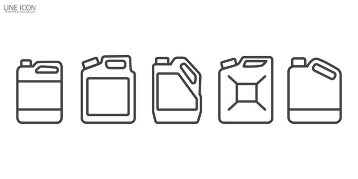 Jerry cans of oil icon set. Canister icons set. Fuel tank icon. Gasoline icon, Black linear canister icon. Petrol signs. Car petrol symbol. Gallon. Auto industry. Vector illustration.