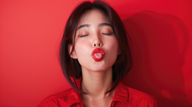 A woman blowing a kiss with red lips, suitable for love and romance concepts