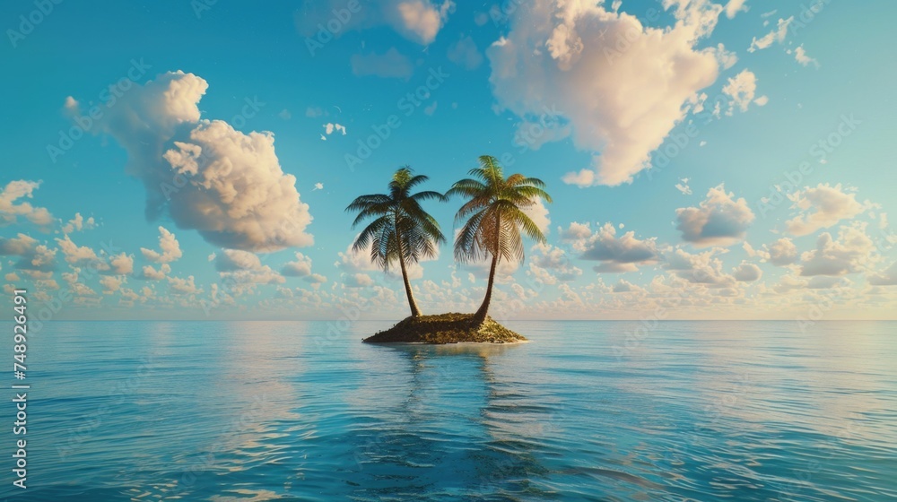Poster a serene image of a small island with two palm trees in the middle of the ocean. perfect for travel 
