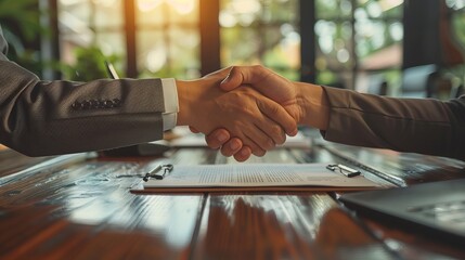 Two businessmen clasp hands across a polished hardwood table