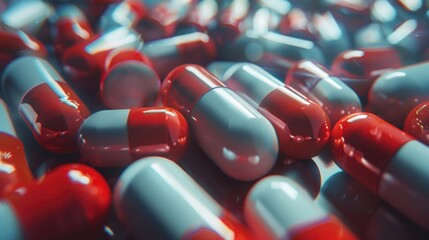 A bunch of red and white pills on a table, suitable for medical and healthcare concepts - Powered by Adobe