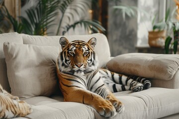 pet tiger is resting on the couch in the room. a big cat, family of felines.