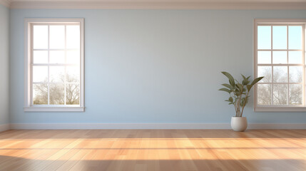 Fototapeta premium Spacious and Bright Empty Room with Blue Walls, Hardwood Floor, and a View from the Window