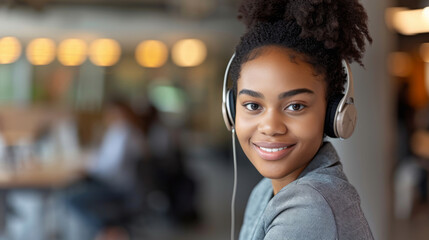 Cheerful young woman wearing a headset and working at a computer, in a customer service or call center environment. - obrazy, fototapety, plakaty