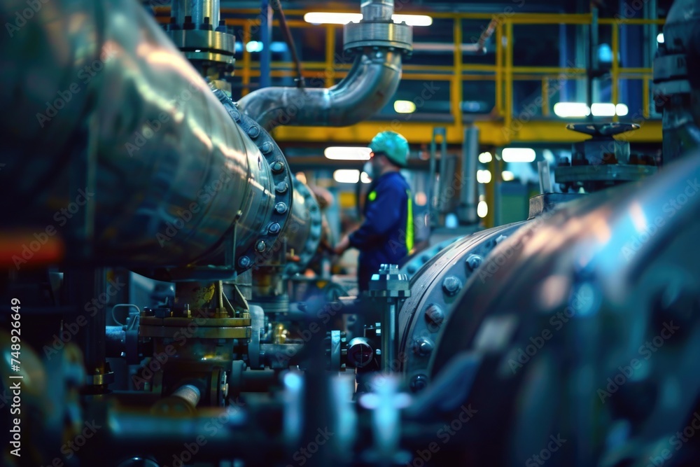 Poster a man standing in a factory setting, suitable for industrial concepts