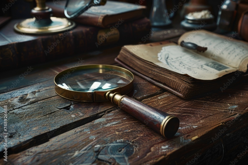 Poster close-up of a magnifying glass on a rustic wooden table. ideal for educational or scientific concept